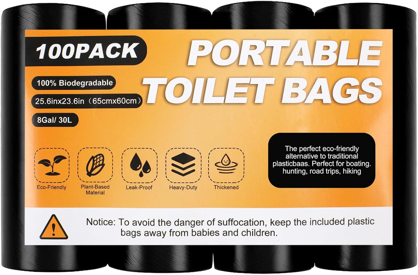 Portable Toilet Bags 100 Pack - Biodegradable Camping Waste Bags