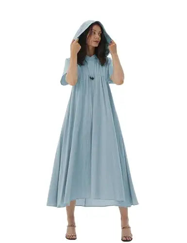 Stylish Women Hooded A-line Maxi Dress with Pockets in Light Blue