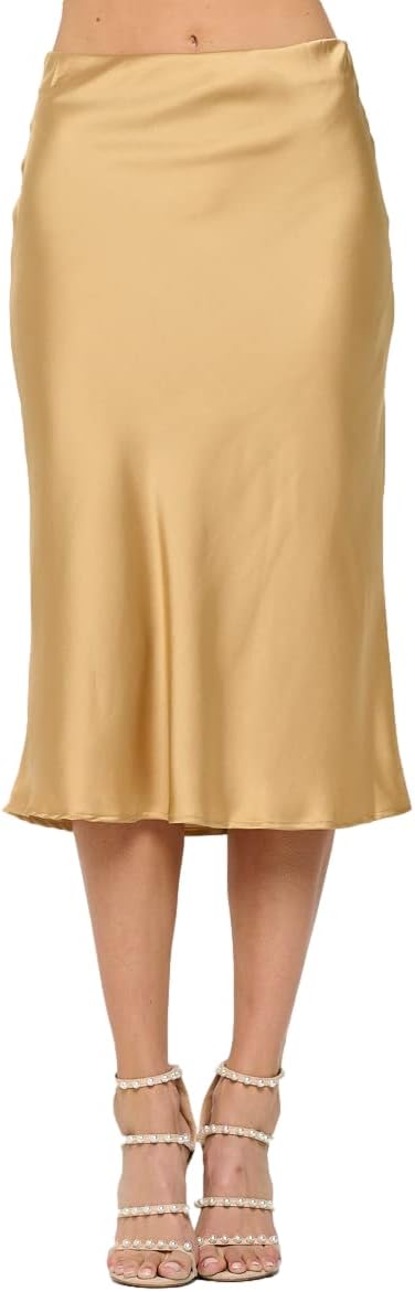 Women Solid High Waist Satin Midi Skirt for Elegant Style