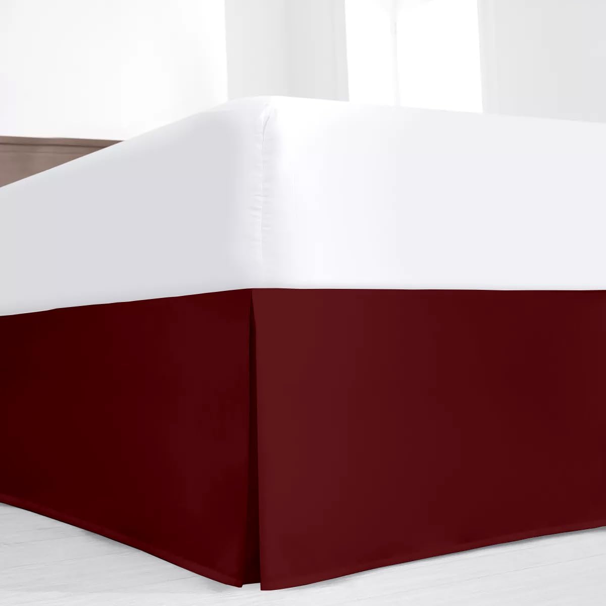 Luxury Pleated Queen Bed Skirt with Split Corners - Burgundy