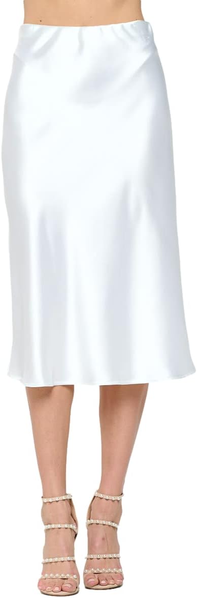 Women Solid High Waist Satin Midi Skirt for Elegant Style