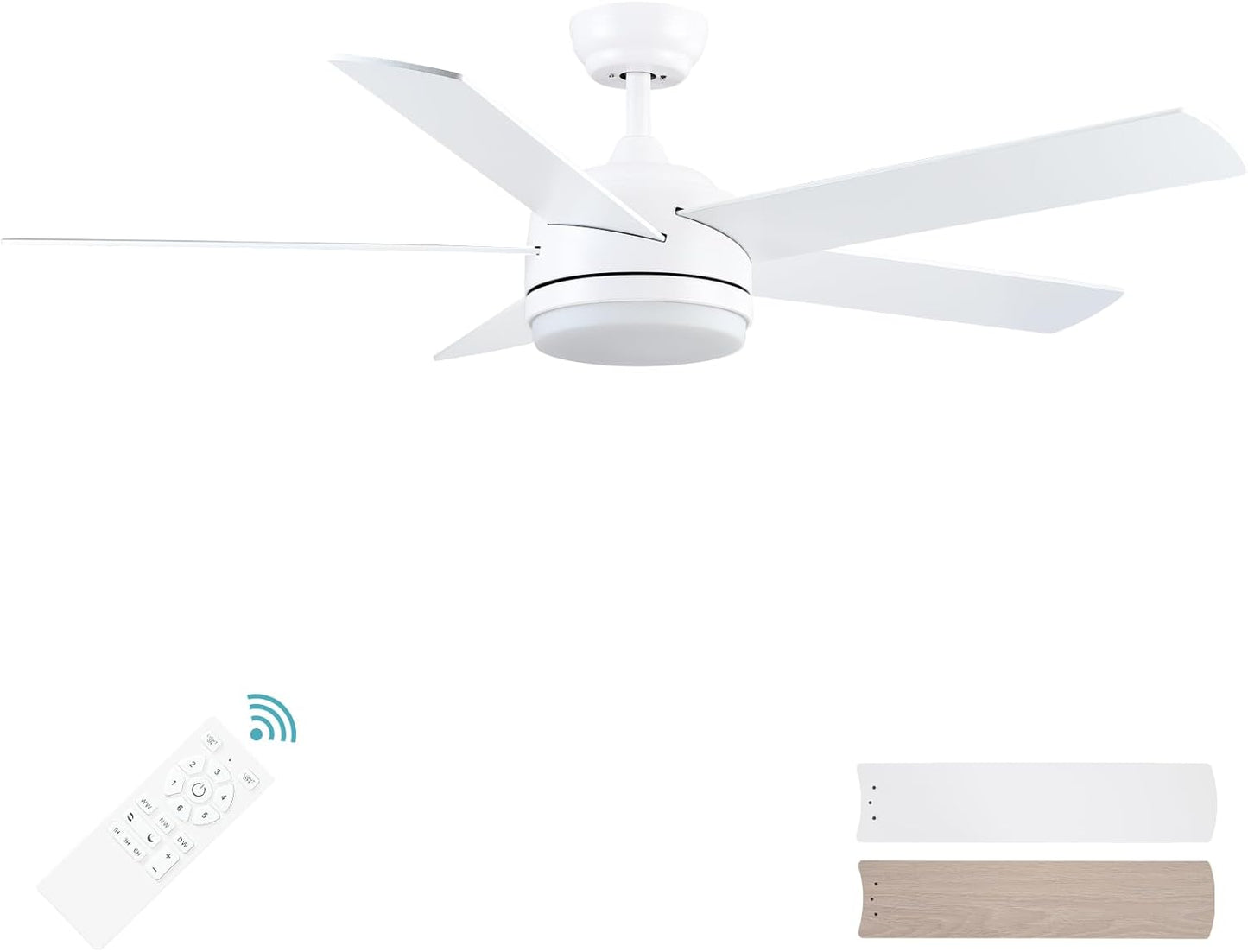 YUHAO 52 Inch White Ceiling Fan with Light and Remote Control