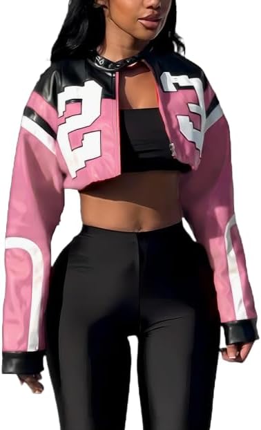 Stylish Cropped Motorcycle Jacket for Women - Y2K Bomber Style