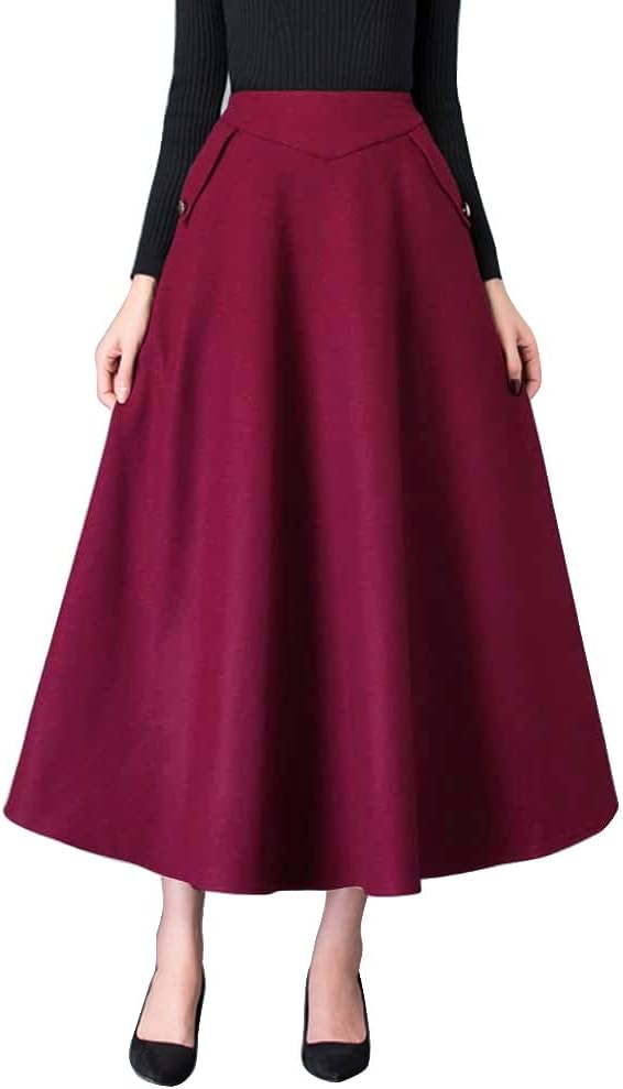 IDEALSANXUN Womens High Waisted Wool Plaid A-line Long Skirt