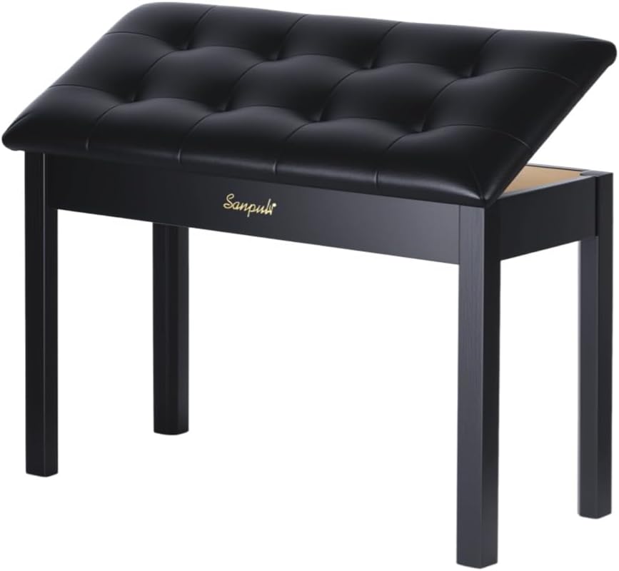 Solid Wood Duet Piano Bench with Storage and Padded Cushion