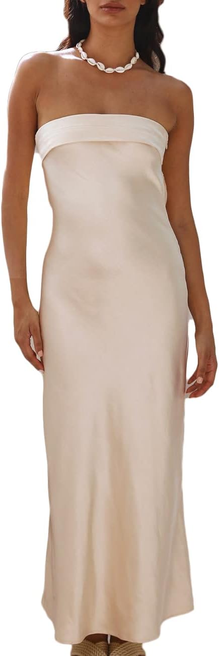 Realtix Satin Silk Backless Tube Tops Maxi Dress for Women