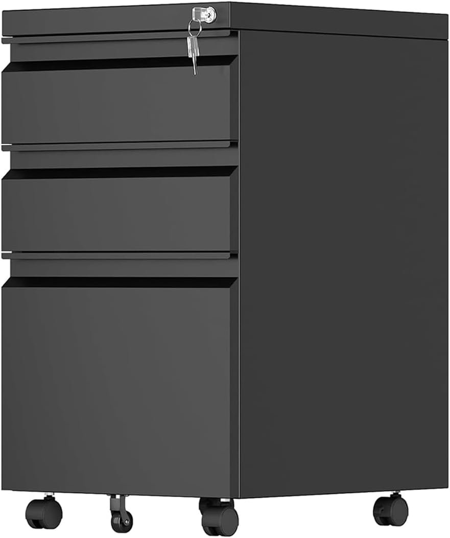 Aobabo 3 Drawer File Cabinet with Lock, Fully Assembled, Black