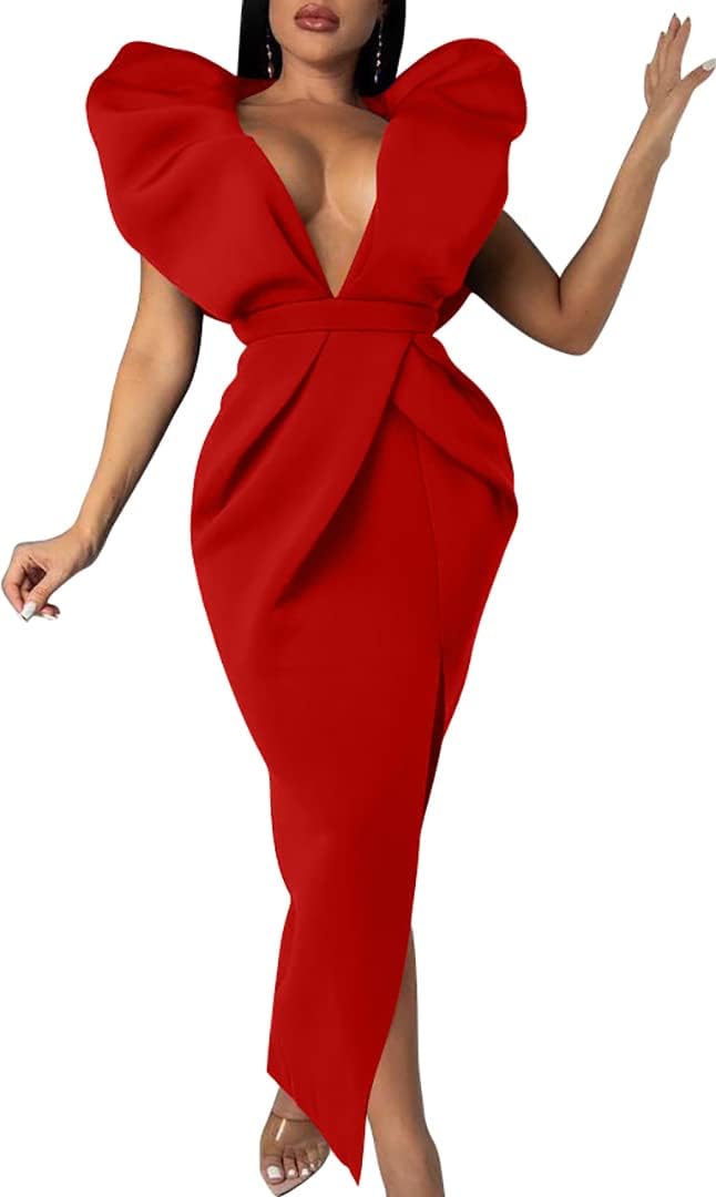 Memoriesea Women's Sexy Deep V Neck Puff Sleeve Gown Dress