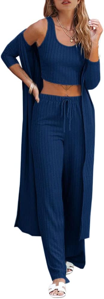 Womens 3 Piece Lounge Sets Pajamas Knit Long Sleeve Cardigan