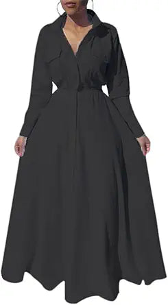 Bodycon4U Women's Pleated Long Sleeve Maxi Dress with Pockets