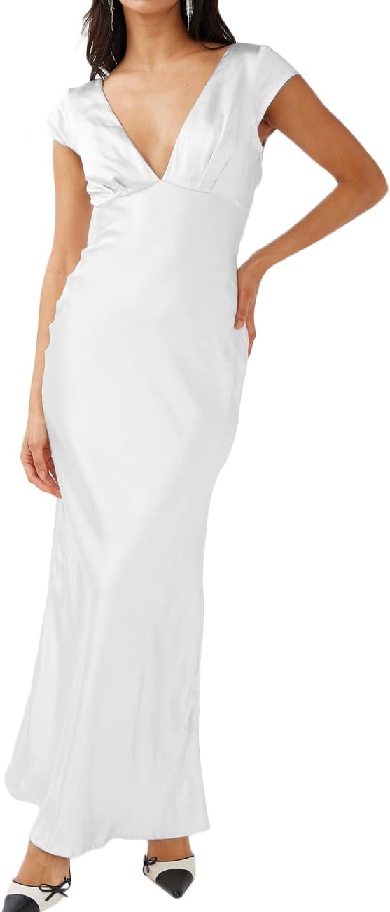 Halfisland Womens Summer Satin V Neck Cap Sleeve Maxi Dress