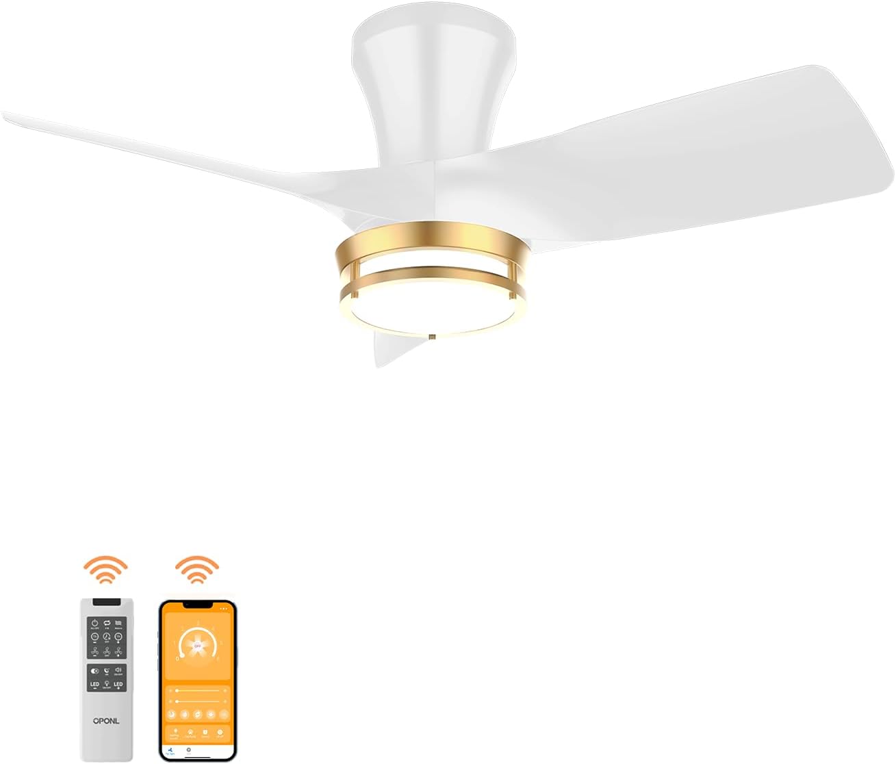 30 Inch Low Profile Ceiling Fan with Light and Gold Trim Ring