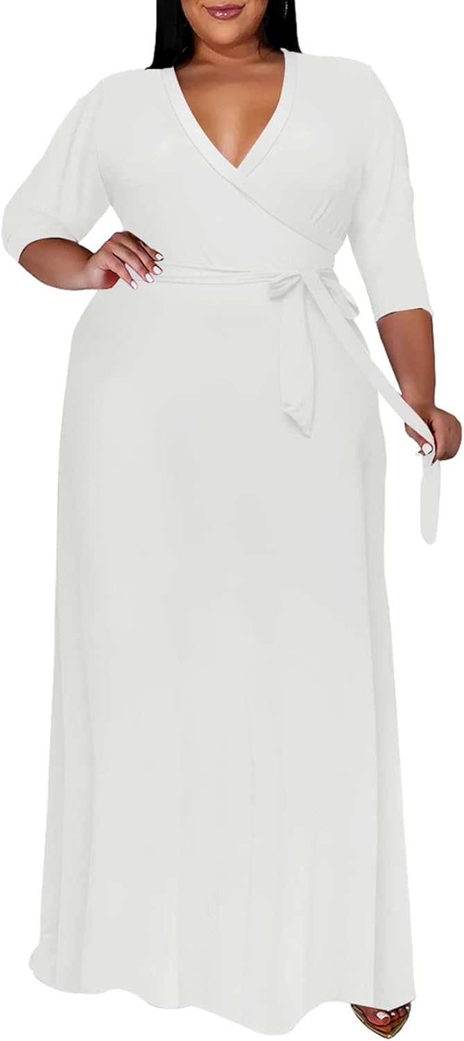 Runwind Plus Size Floral Maxi Dress for Women with Belt