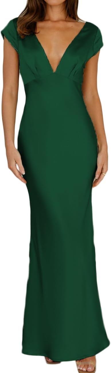 Halfisland Womens Summer Satin V Neck Cap Sleeve Maxi Dress