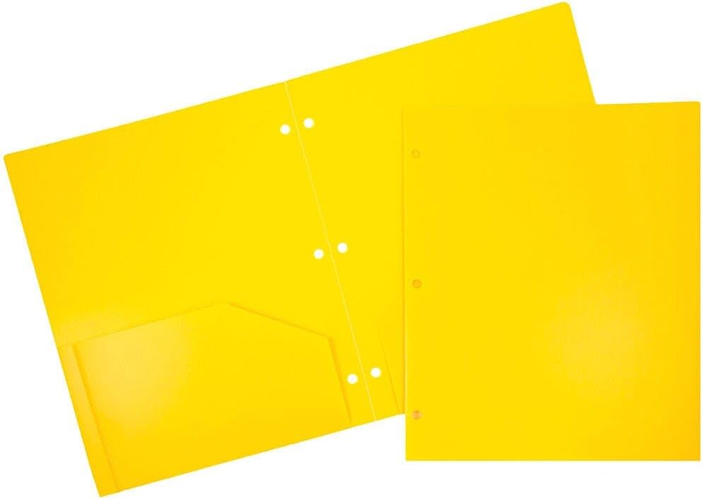 Durable Yellow Plastic 3 Hole Punch Pocket Folders - 48 Pack