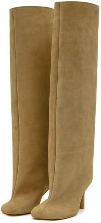 Knee High Boots Wide Calf Women Long Suede Square Toe Bootie