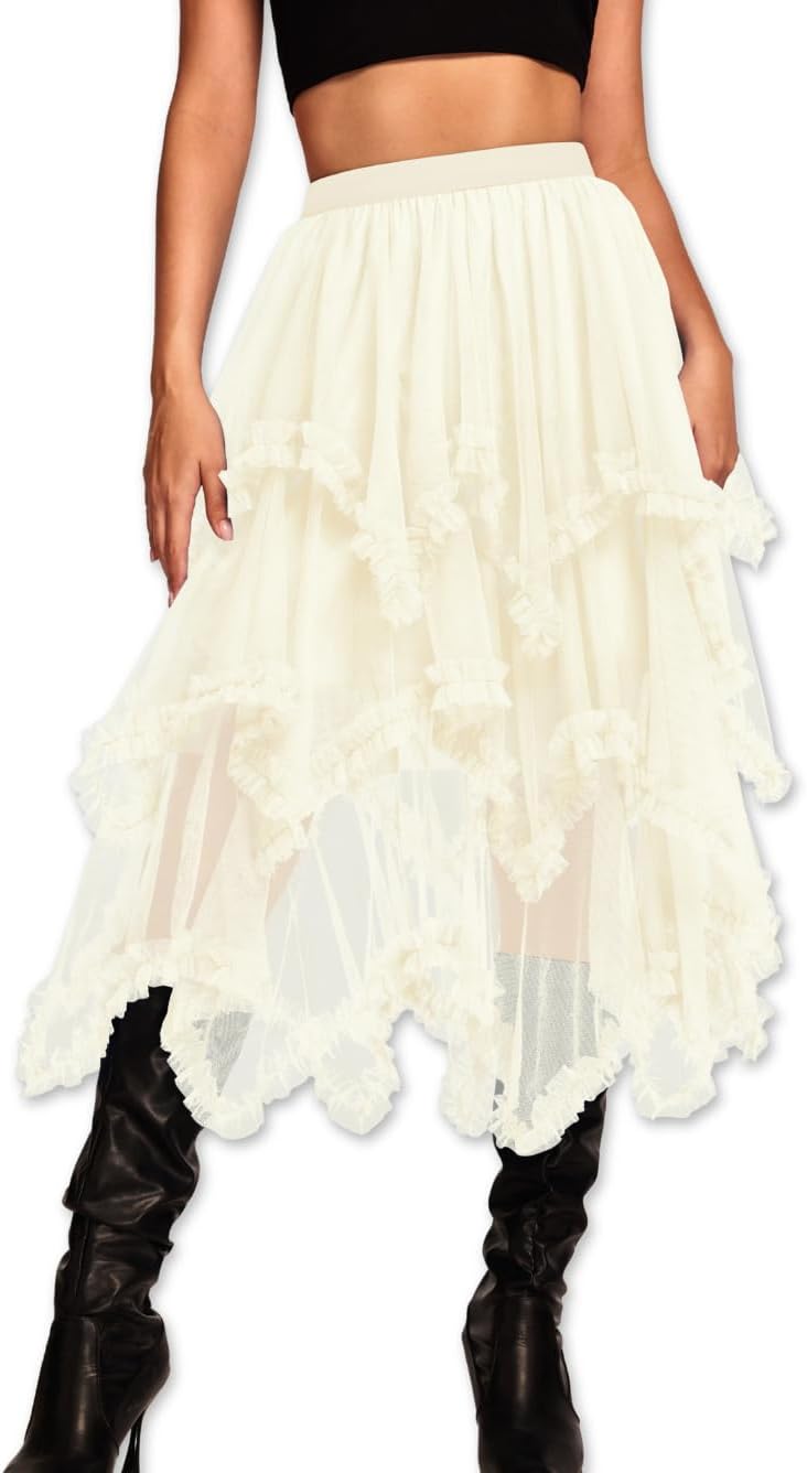 Kaei&Shi Long Tulle Skirt for Women - Asymmetrical Ruffle Design