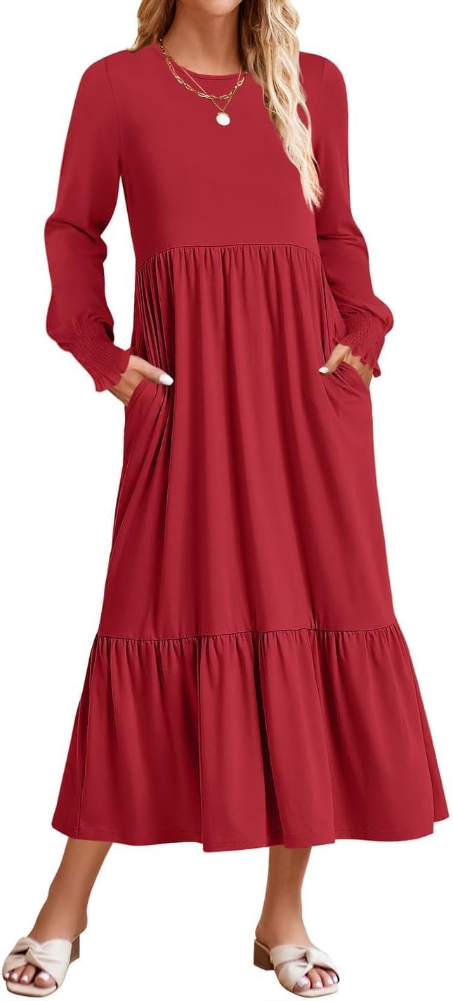 ZESICA Women's Fall Long Sleeve Casual Midi Dress with Pockets
