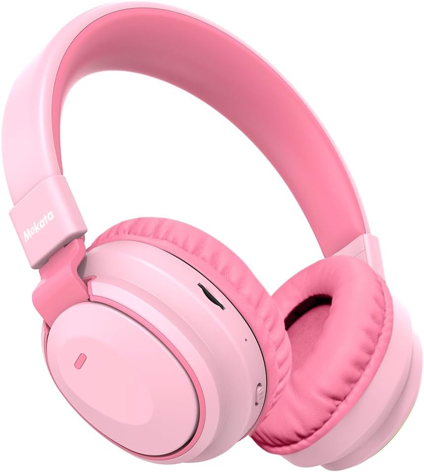 Lightweight Pink Kids Bluetooth Headphones by Mokata - 60H Playtime!