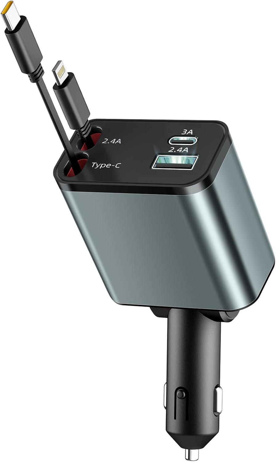 66W Fast Charge Car Charger - Retractable & 180 Rotatable