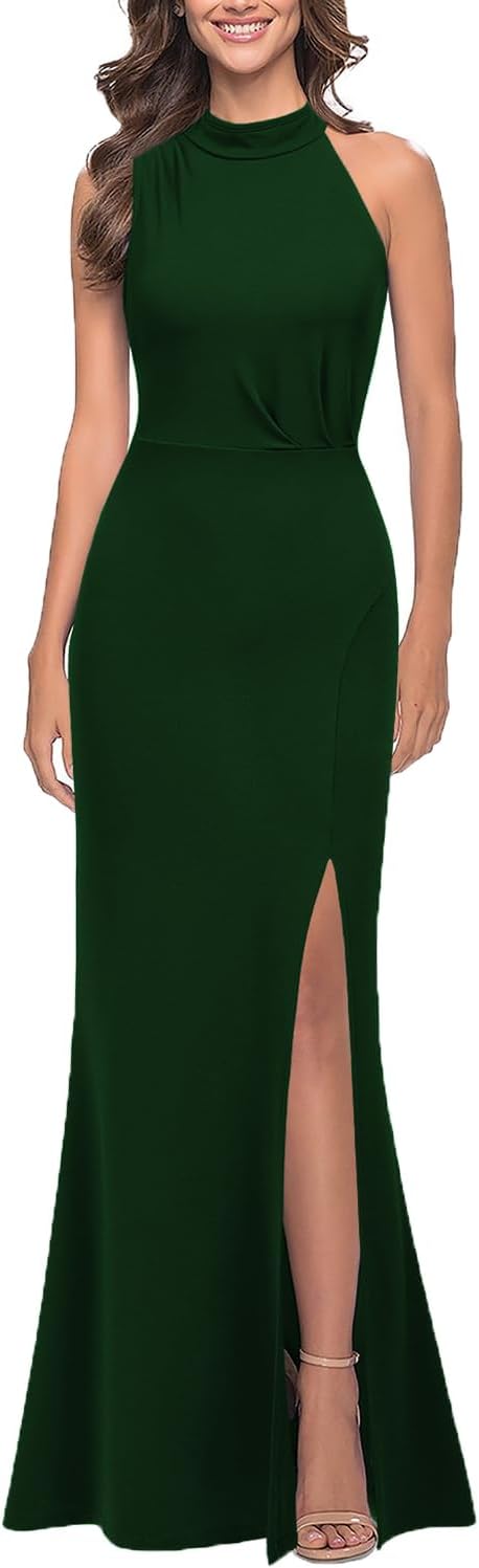 WOOSEA Women Sleeveless High Neck Sexy Split Evening Dress