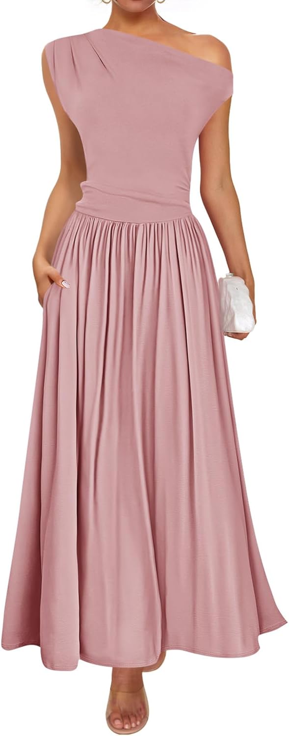 ZESICA Women's Summer One Shoulder Maxi Dress with Pockets