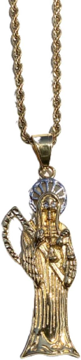 Men Women 925 Italy Gold Finish Santa Muerte Pendant Necklace