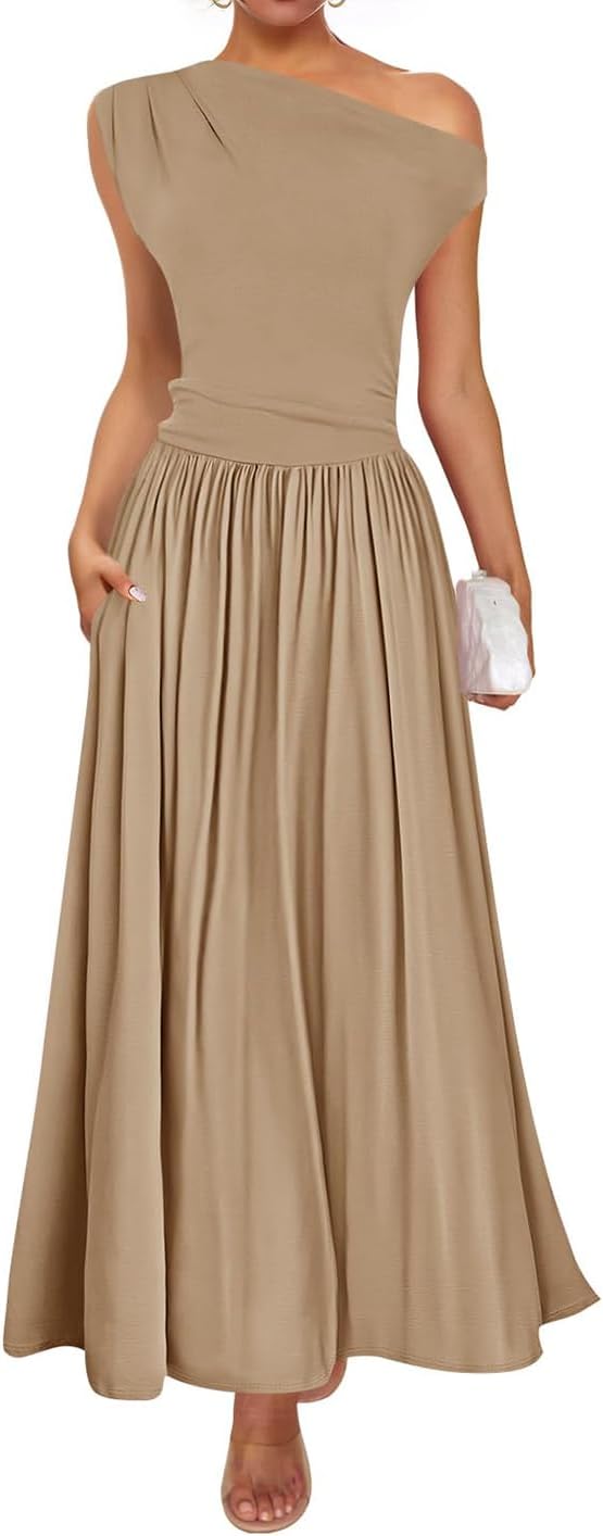 Stylish One Shoulder Maxi Dress with Pockets for Summer Wear