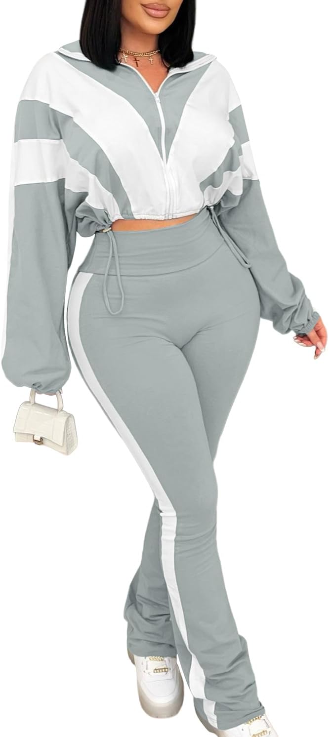 Stylish Color Block Long Sleeve Zip Jacket and Pants Set for Women