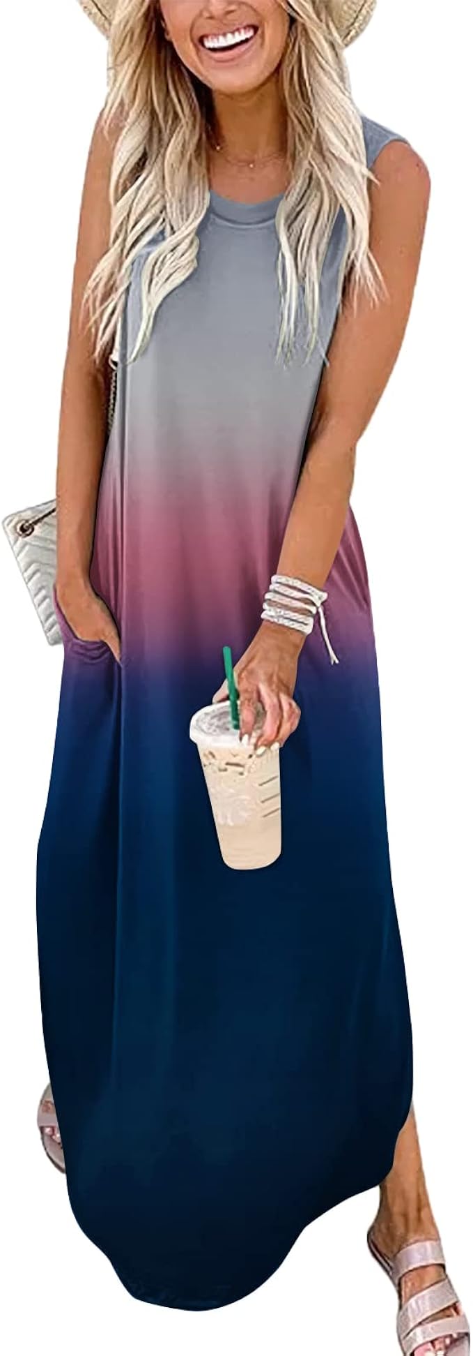 FANDEE Summer Dress Casual Loose Maxi Dress with Pockets