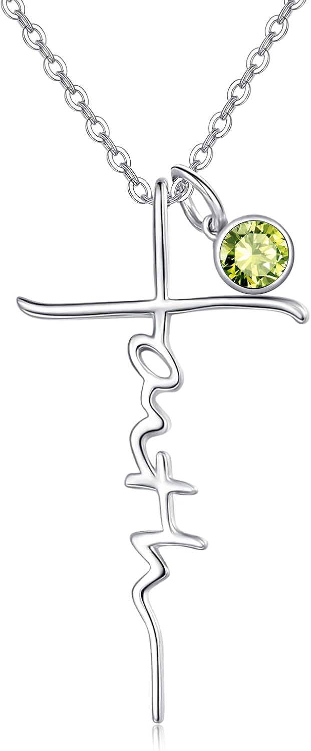 Faith Cross Necklace for Women in 925 Sterling Silver with Birthstone
