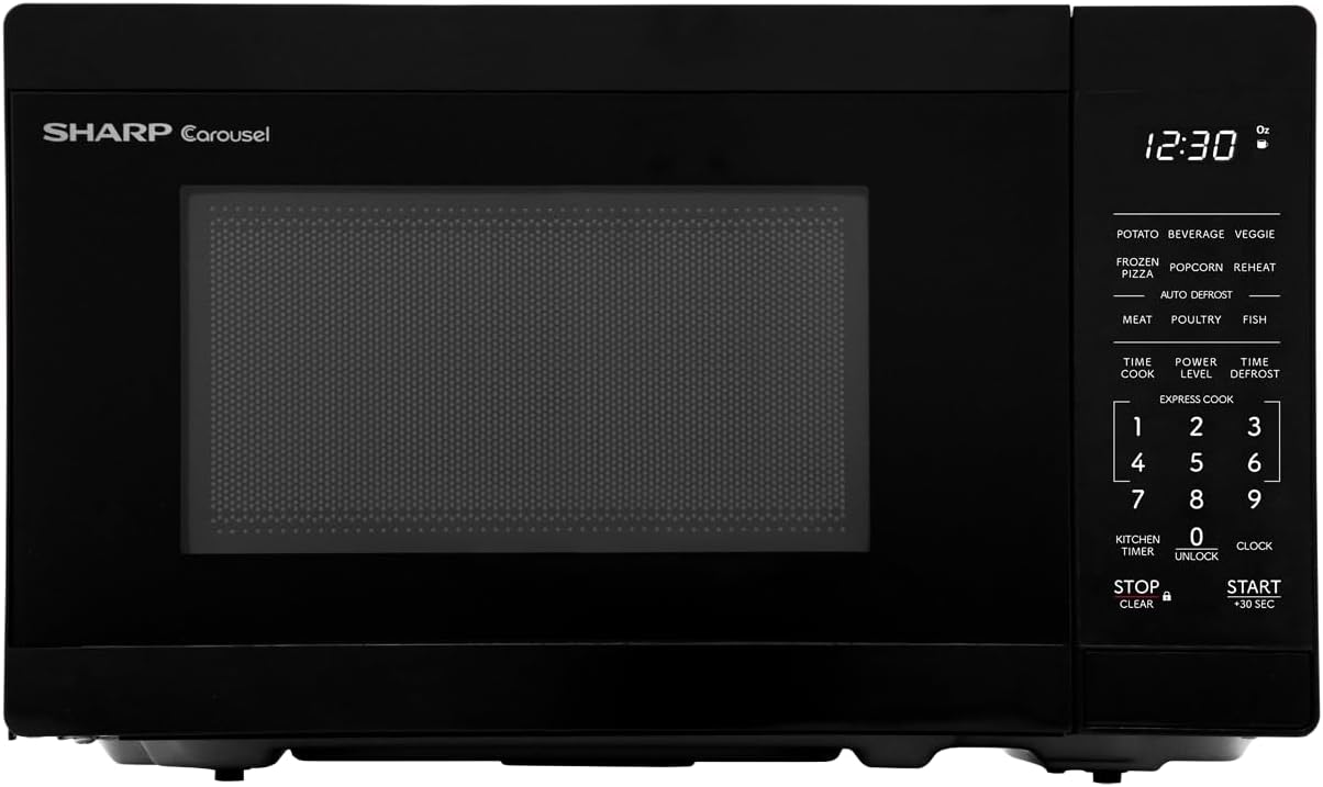 Sharp 700W Black Compact Microwave with Easy-to-Clean Turntable