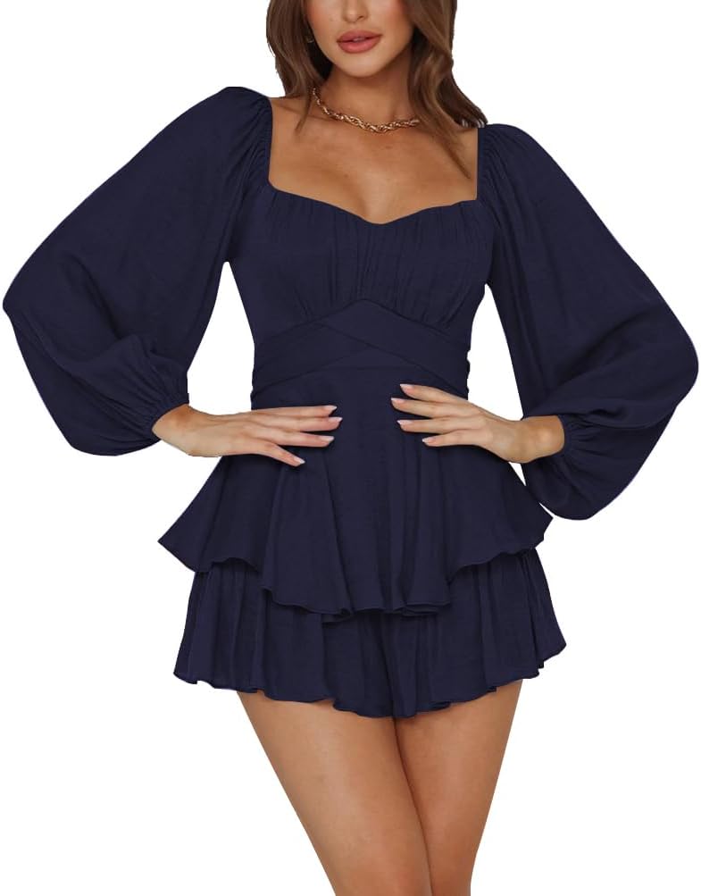 LYANER Women's Jumpsuit Lantern Long Sleeve Ruffle Romper