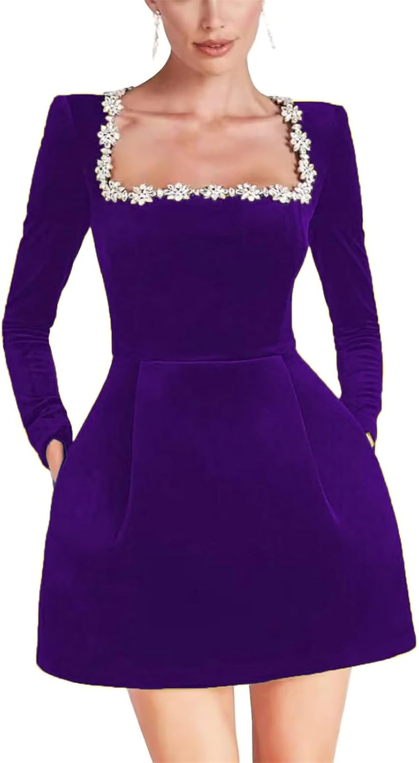 Crystal Square Neck Wedding Dresses with Long Sleeves and Pockets