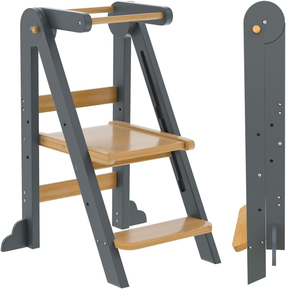 Toddler Tower Step Stool with Adjustable Height and Safety Features