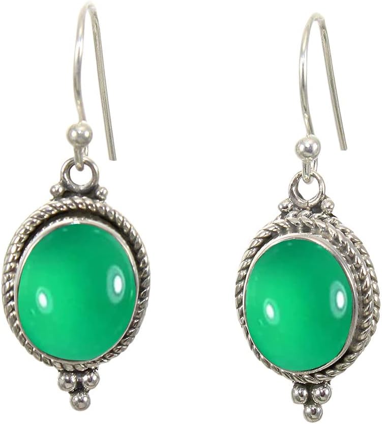 925 Sterling Silver Dangle Drop Earrings with Green Onyx Gemstone