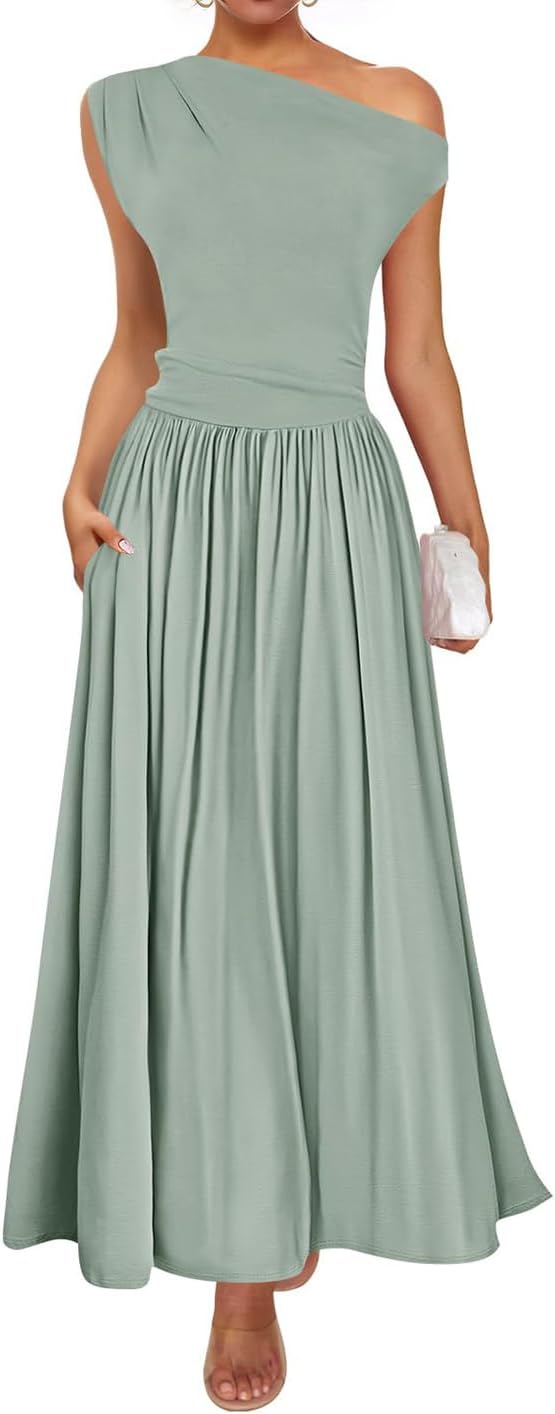 ZESICA Women's Summer Maxi Dress with One Shoulder Design