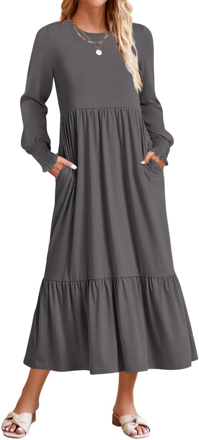 ZESICA Women's Fall Long Sleeve Midi Dress with Pockets