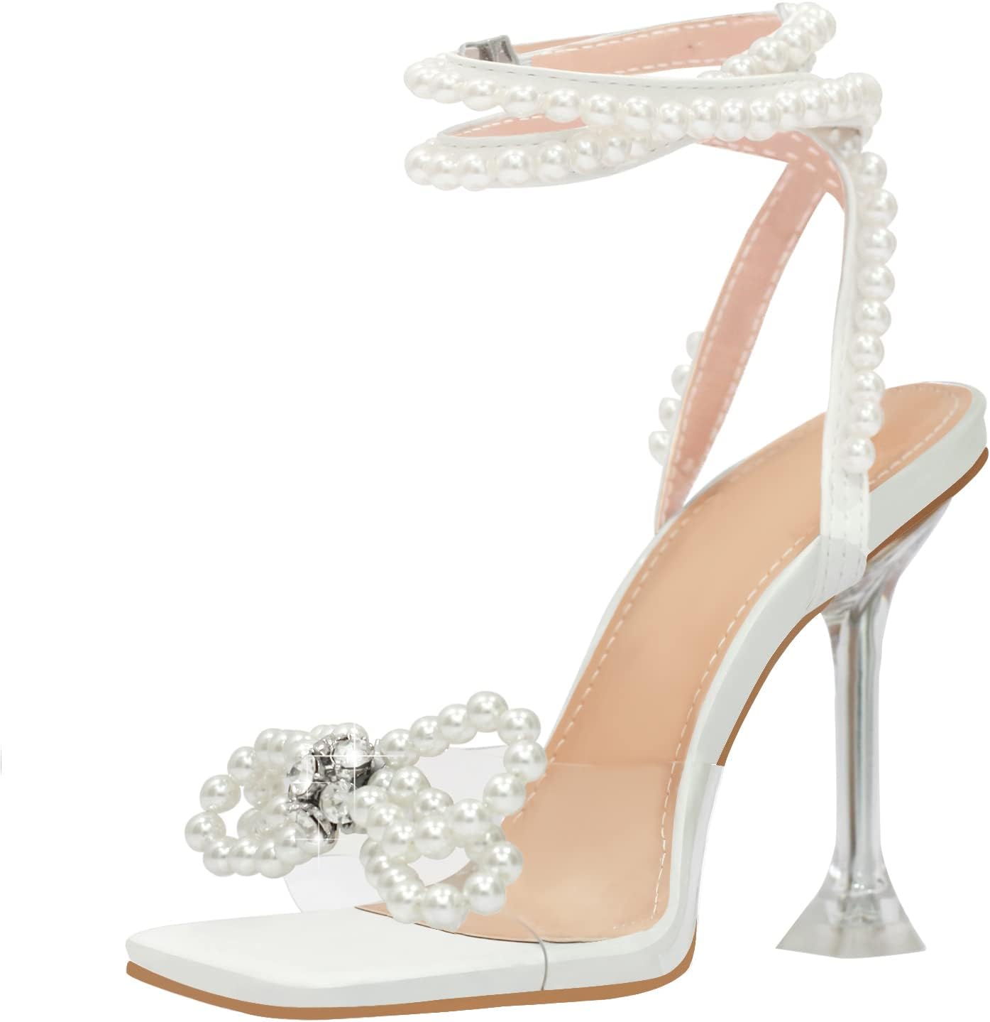 Yolkomo Women's Square Toe Clear Heels with Rhinestone Bow