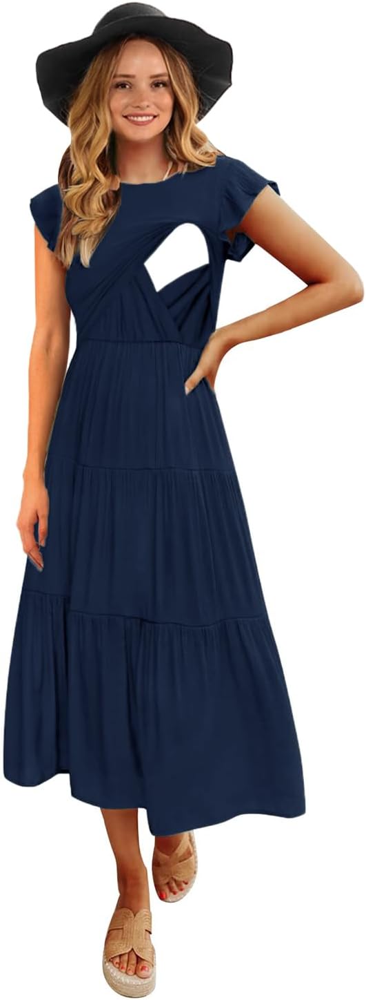 Womens Flutter Short Sleeve Smocked Tiered Nursing Dress