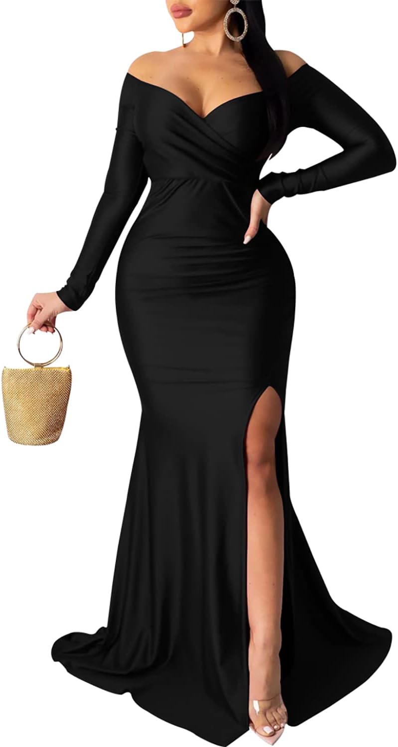 Sexy Formal Dress for Women - Ruched Off Shoulder Evening Gown