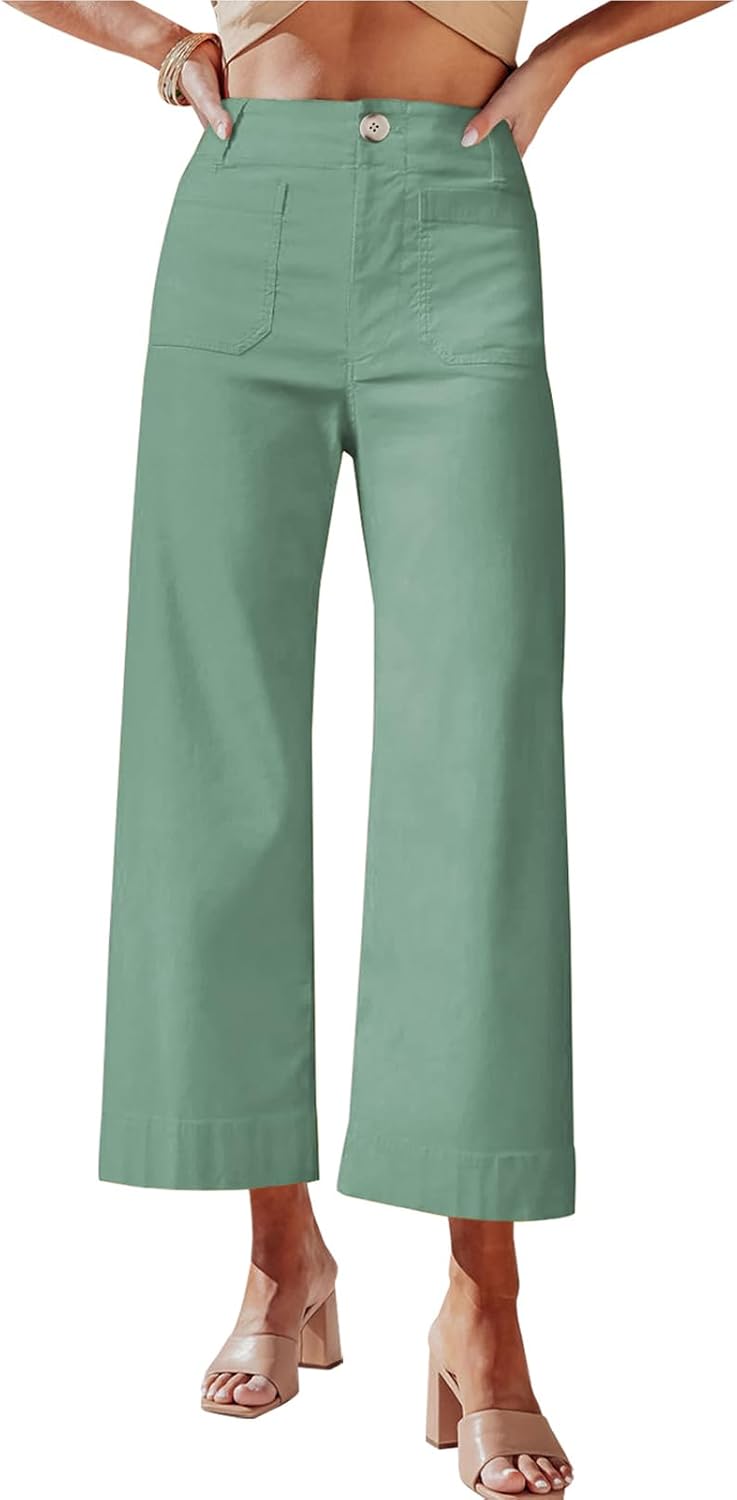 High Waisted Cropped Wide Leg Stretchy Pants with Pockets