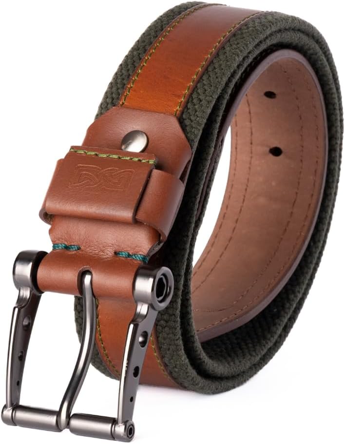 Mens Leather Belt Handmade with Stretch Cotton Webbing for Comfort