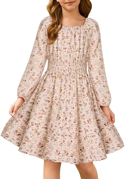 Girls Floral Midi Dress with Smocked Waist for Fall Events 6-14Y