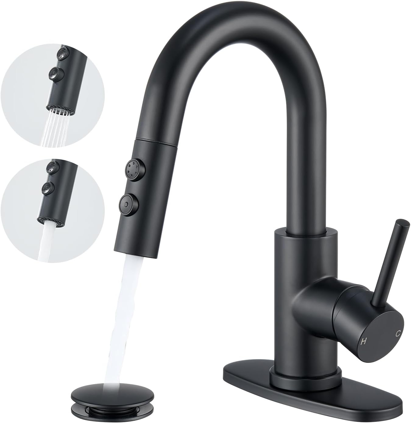 Black Bathroom Faucet with Pull Down Sprayer for Modern Homes