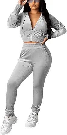 Stylish Velour Tracksuit for Women - Zip Up Hoodie & Pants Set