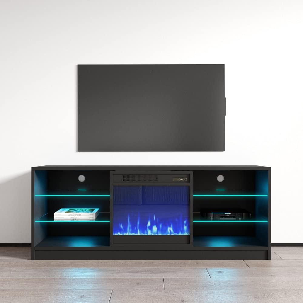 Modern Black TV Stand w/ Electric Fireplace - Storage - MEBLE