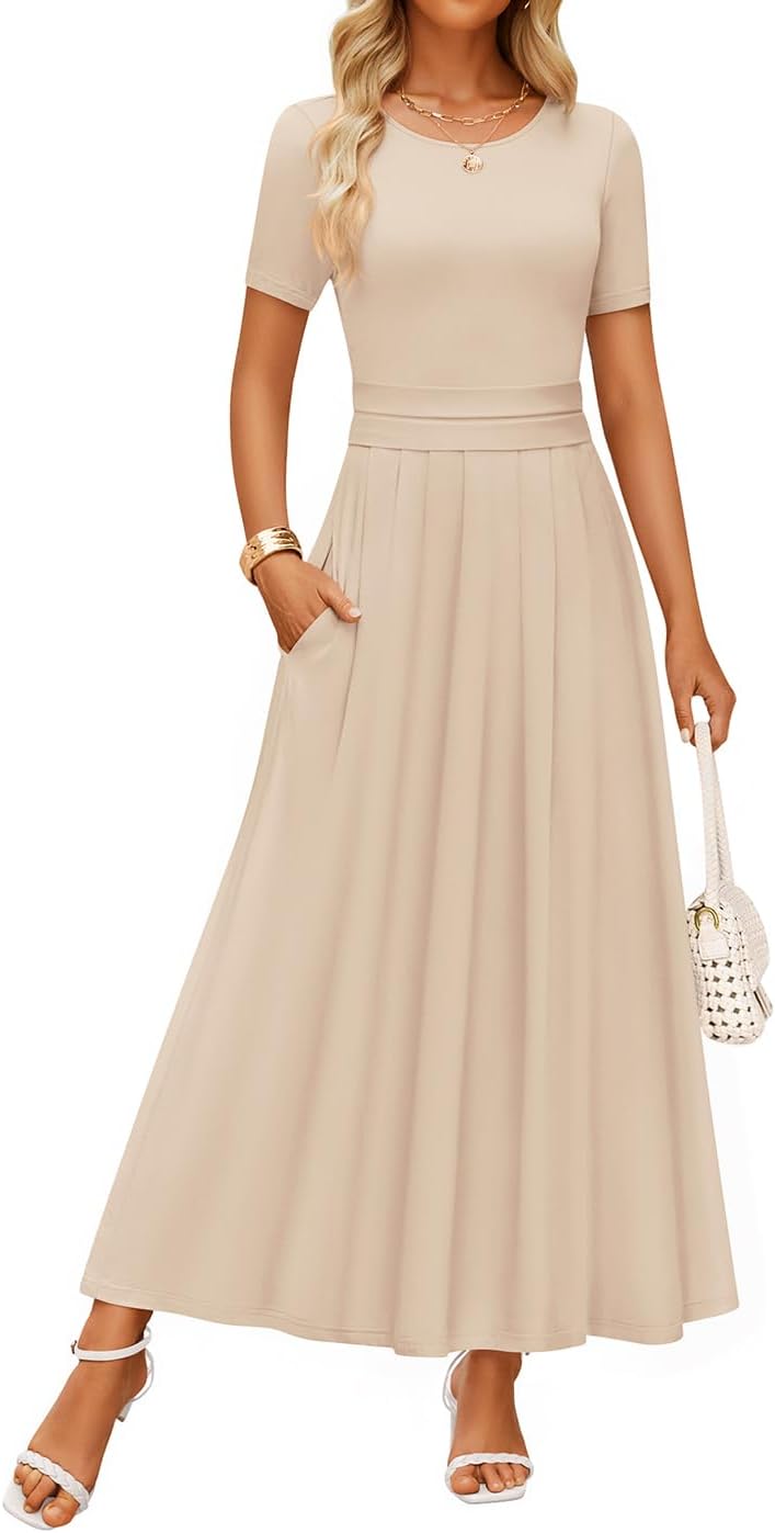 ZESICA Women's Summer Short Sleeve Maxi Dress with Pockets
