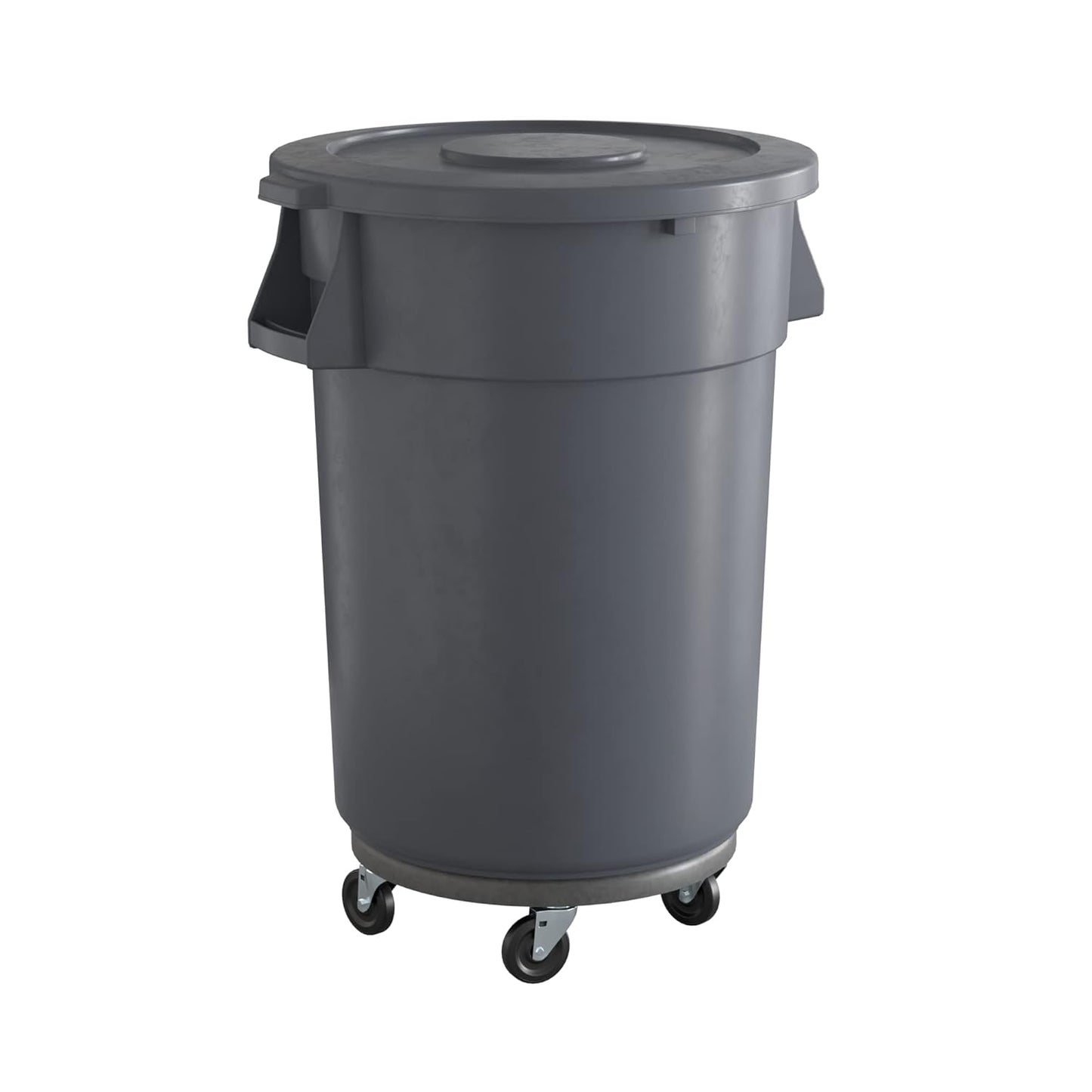44 Gallon Gray Round Commercial Trash Can with Lid and Dolly