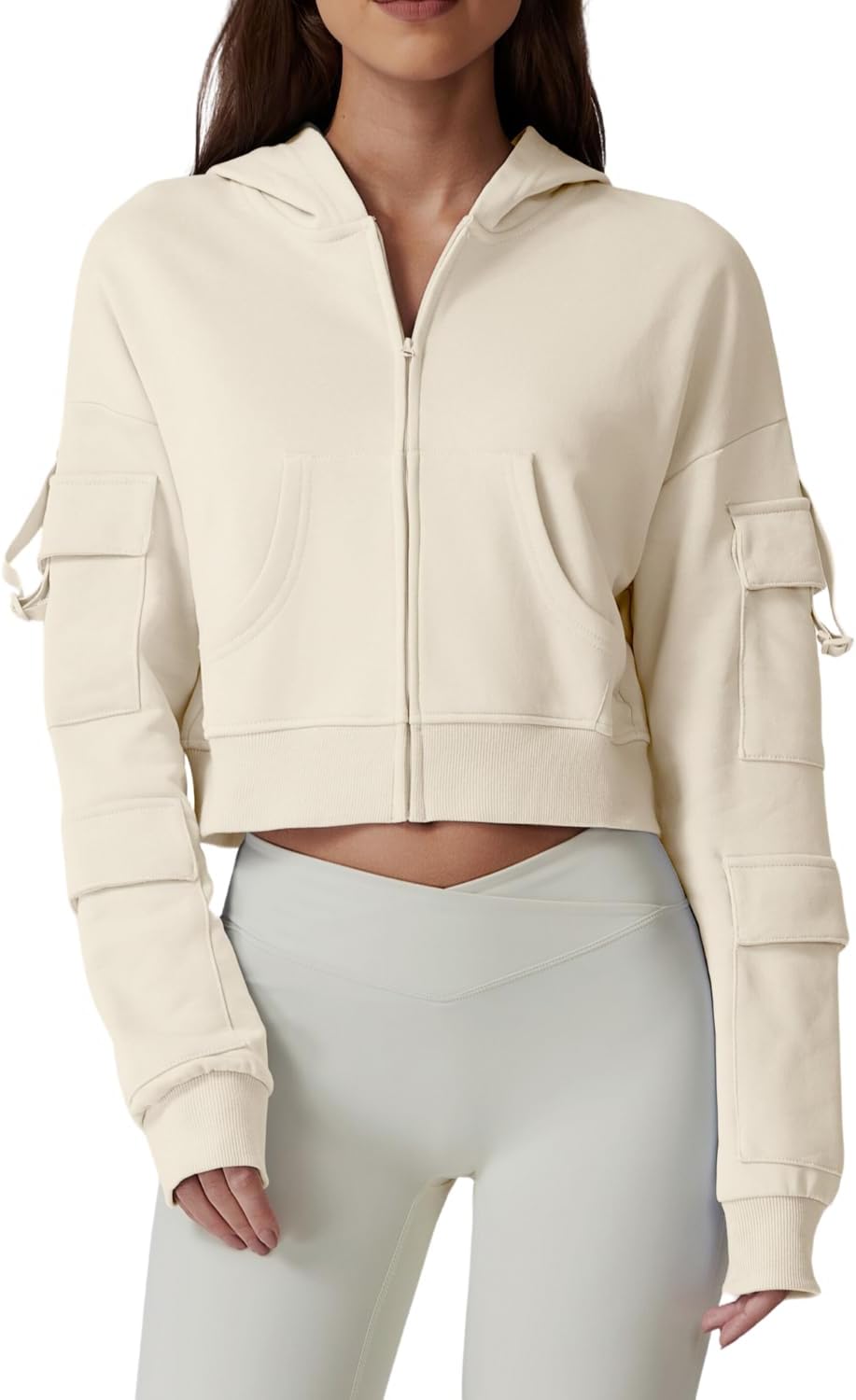 QINSEN Cropped Hoodie with Cargo Pockets